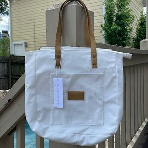 New! Cozy Earth White Tote Bag brown handles with insert, 2 available